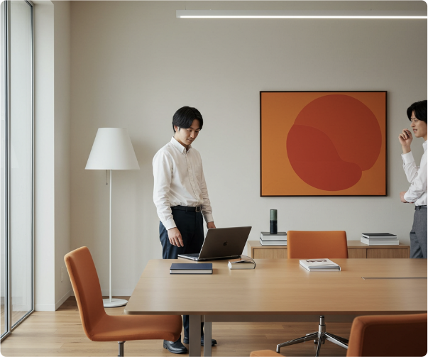 会議室でマーケティングの打ち合わせをしている様子